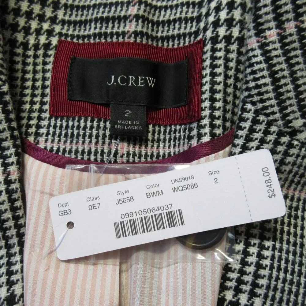 NWT J.Crew Boyfriend Blazer in Black White Plaid Italian Wool Jacket 2 $248
